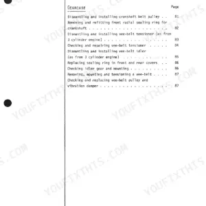 Case 125B service manual Section 5 Gearcase contents page listing crankshaft, vee-belt, and idler gear procedures.