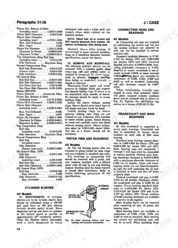 Case 1270, 1370, 1570 engine specifications table for cylinder sleeves, pistons, connecting rods, and crankshaft bearings.