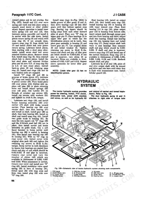 Case 1270, 1370, 1570 hydraulic system schematic diagram and transmission assembly service procedures.