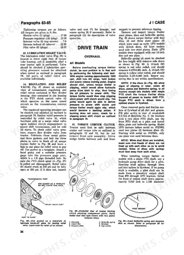 Case 1270, 1370, 1570 drive train overhaul procedures, torque limiter clutch exploded view, and relief valve testing specs.