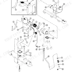 Case 1270, 1370 exploded view of turbocharger, intake manifold, and oil supply lines with numbered component parts.