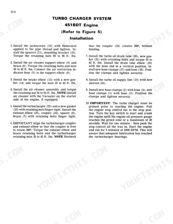 Case 1270, 1370 turbocharger system installation procedures for 451BDT engine, including torque specifications.