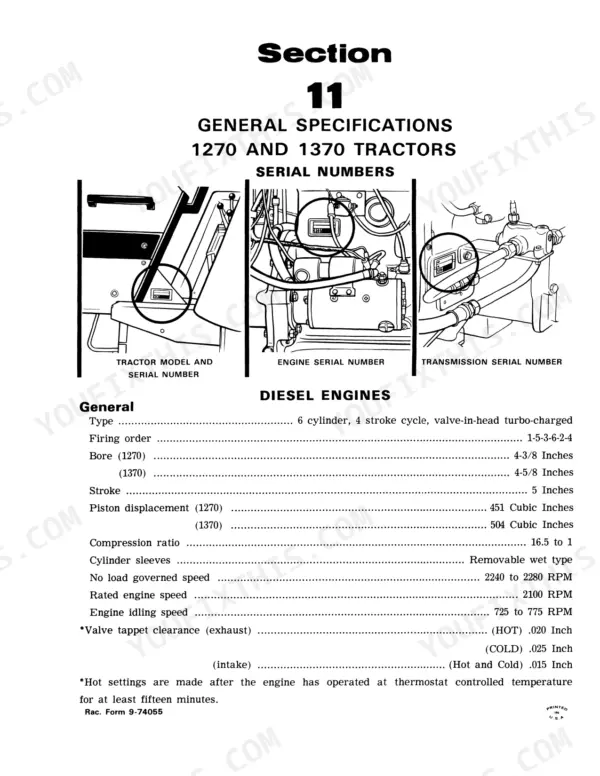Case 1270, 1370 tractor serial number locations and diesel engine general specifications table.