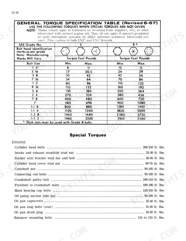 Case 1270, 1370 general torque specification table for SAE grade 5 and 8 bolts and engine component torque values.