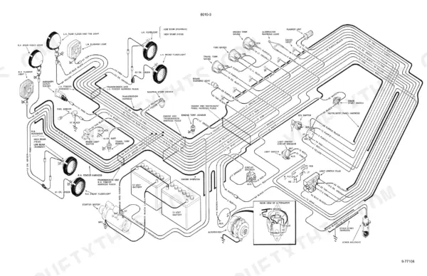 Case 1270, 1370 electrical wiring diagram showing battery, starter, alternator, lights, and instrument panel harness.