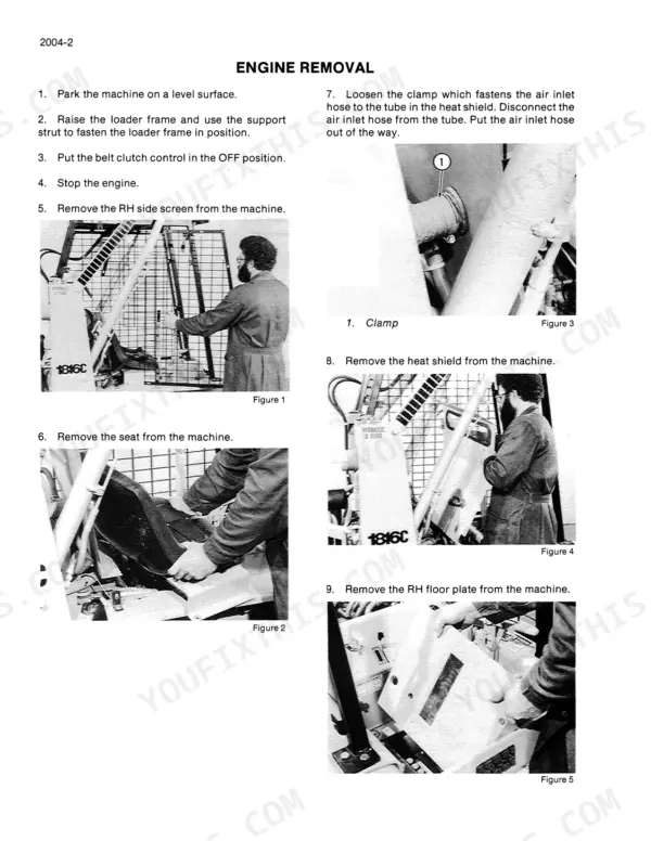 Case 1816, 1816B, 1816C Uni-Loaders engine removal procedure steps, including side screen, seat, heat shield, and floor plate removal.