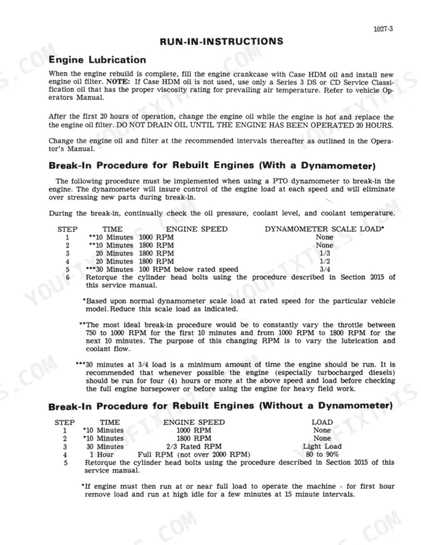 Case 1835 UNI-LOADER, 188 Diesel Engine, 148G Spark Ignition, G188D engine run-in and break-in procedure tables.