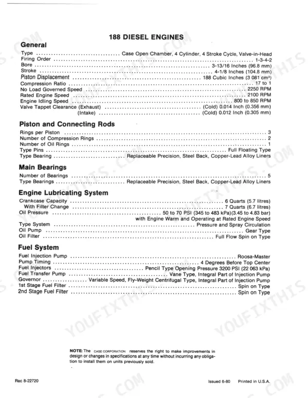 Case 1835 UNI-LOADER, 188 Diesel Engine, 148G Spark Ignition, G188D technical specifications table for engine systems.