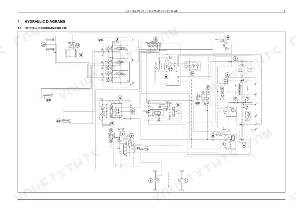 Case 21E, 121E, 221E, 321E hydraulic system diagram showing pumps, valves, and numbered component connections.