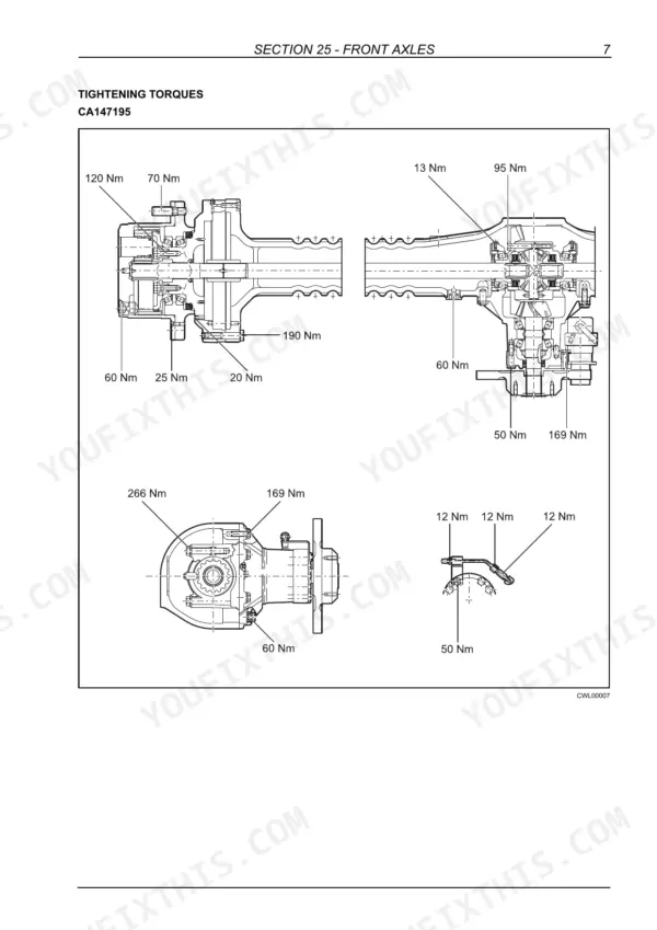 Case 21E, 121E, 221E, 321E front axle tightening torque specifications diagram showing component bolt values.