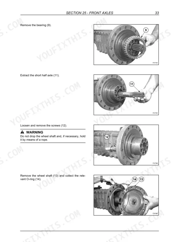 Case 21E, 121E, 221E, 321E front axle disassembly steps: removing bearing, short half axle, screws, and wheel shaft.