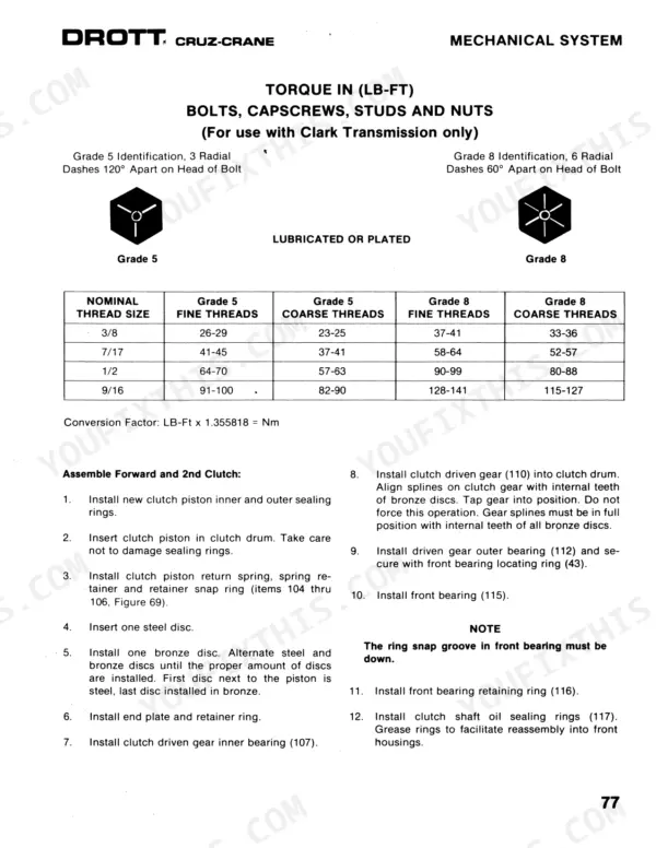 Case 2500 Cruz-Crane torque table for Clark transmission bolts and assembly steps for forward and 2nd clutch.
