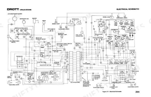 Case 2500 Cruz-Crane electrical schematic diagram showing wiring for lights, gauges, switches, and collector ring.