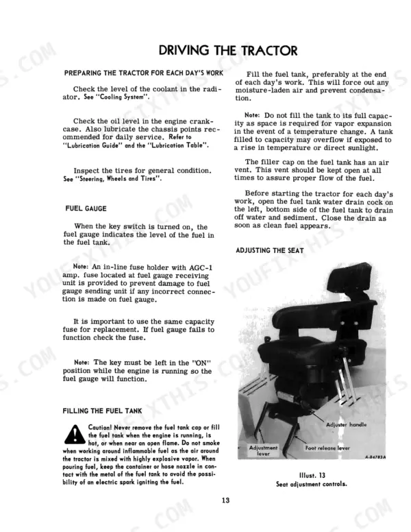 International 4166, 4166 Tractor manual page covering daily tractor preparation, fuel gauge operation, and seat adjustment controls.