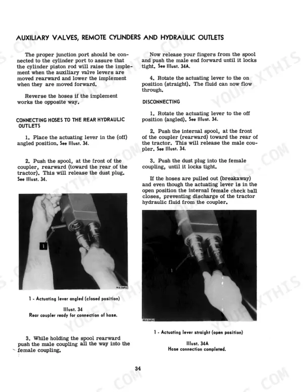 International 4166, 4166 Tractor procedures for connecting and disconnecting rear hydraulic hoses and auxiliary valve couplers.