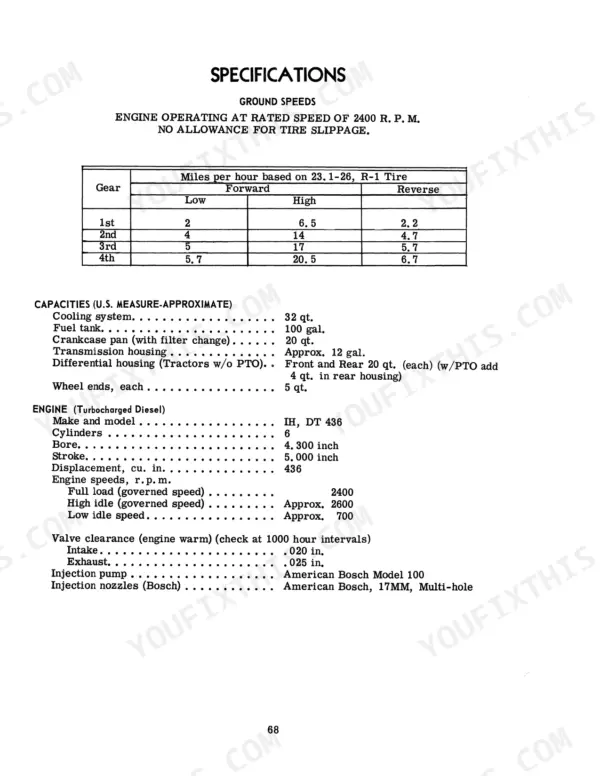 International 4166, 4166 Tractor specifications page showing ground speeds, fluid capacities, engine data, and valve clearances.