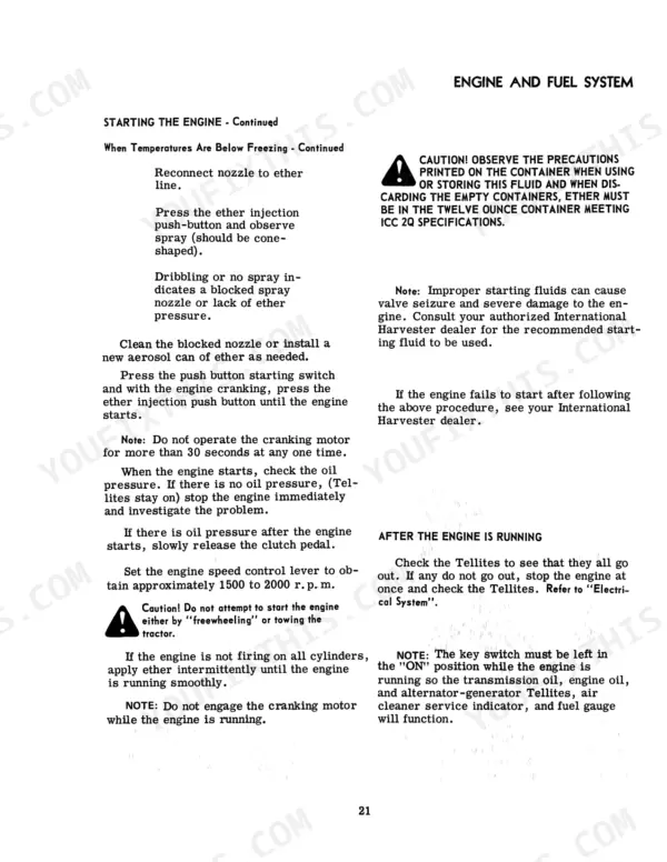 International 4166, 4166 Tractor engine starting procedures, cold weather ether injection, and post-start operation instructions.