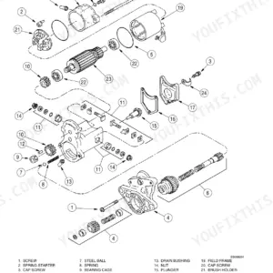 Case 430, 440, 440CT Skid Steer, Compact Track Loader starter and starter solenoid exploded view parts diagram.