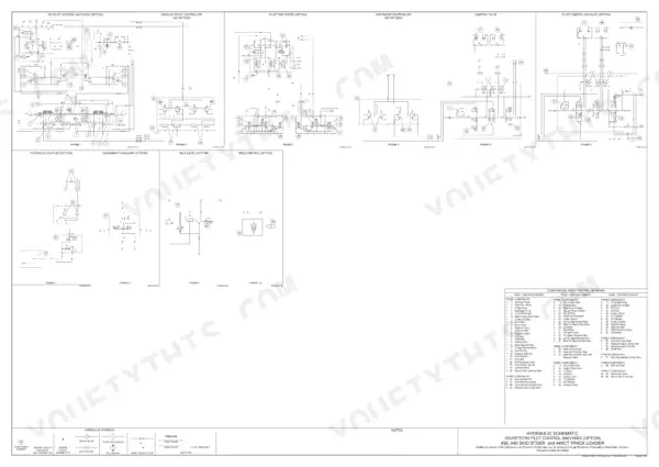 Case 430, 440, 440CT, 430 Skid Steer, 440 Skid Steer, 440CT Compact Track Loader hydraulic schematic and component list.