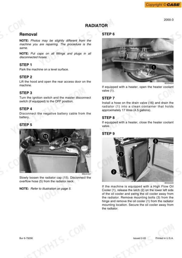 Case 430, 440, 440CT Skid Steer, Compact Track Loader radiator removal procedure steps with component photos.