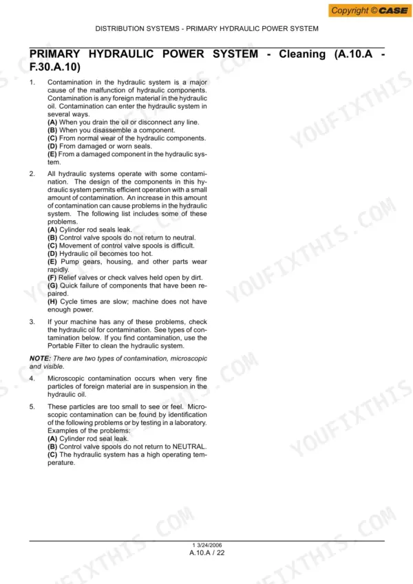 Case 435, 445CT, 445 primary hydraulic power system cleaning and contamination troubleshooting procedures manual page.