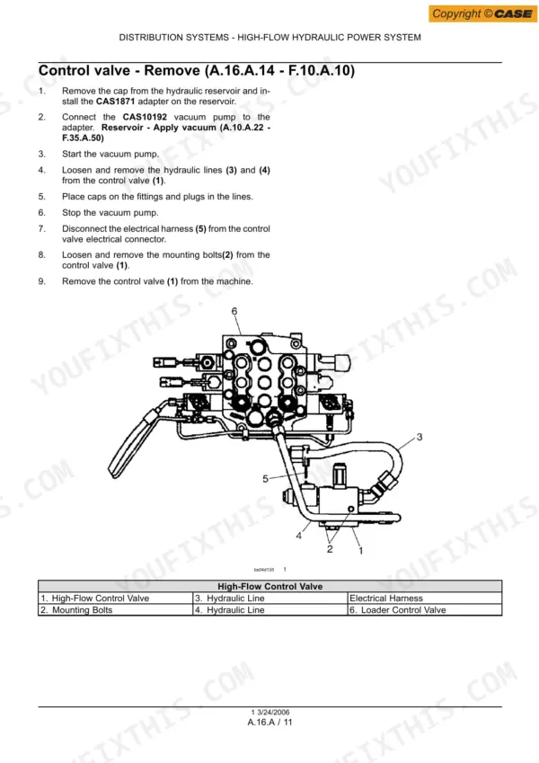 Case 435, 445CT, 445 high-flow hydraulic control valve removal procedure and component diagram with parts list.