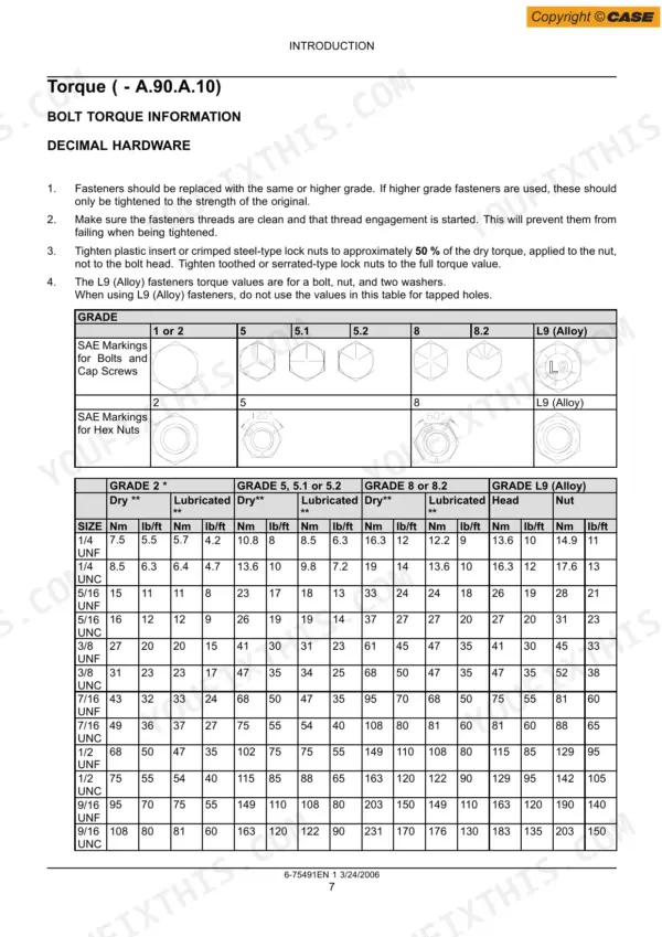 Case 435, 445CT, 445 decimal hardware bolt torque information table with SAE grade markings and dry/lubricated specifications.
