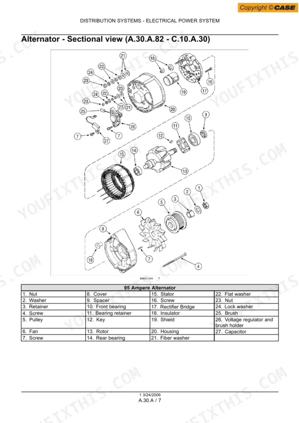 Case 435, 445CT, 445 exploded view diagram and parts list for the 95 Ampere electrical system alternator assembly.