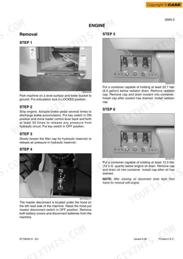 Case 521E Wheel Loader engine removal procedure steps, including radiator coolant and engine oil drainage instructions.