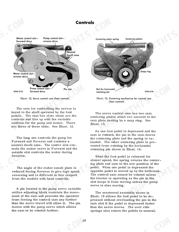 Case 544, 656, H70, H80, 544 Series, 656 Series servo control cam and centering mechanism diagrams for foot controls.