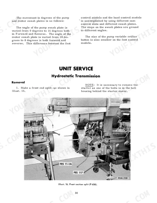 Case 544, 656, H70, H80, 544 Series, 656 Series hydrostatic transmission removal procedure and front section split diagram.