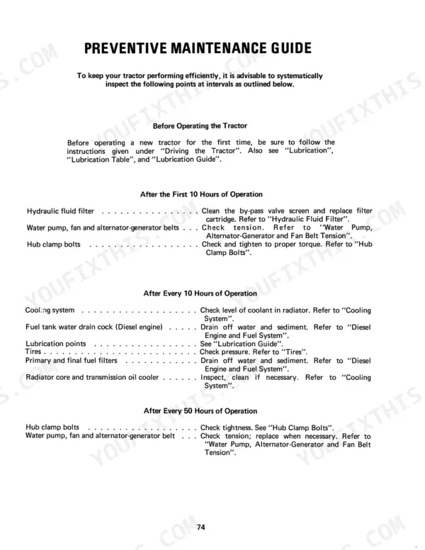 International 574: Preventive maintenance guide table for 10 and 50 hour intervals.