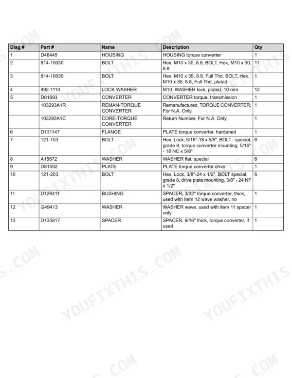 Case 580 SUPER E, Construction King, Loader Backhoe parts list for torque converter housing and mounting hardware.