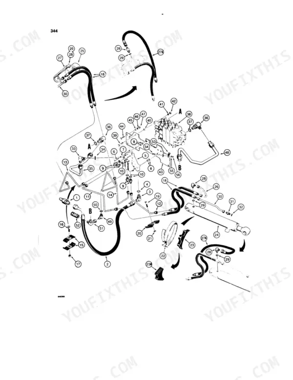 Case 580 SUPER E, Construction King, Loader Backhoe exploded view of hydraulic control valve, lines, and cylinder assembly.