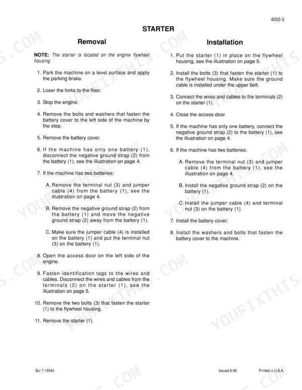 Case 585G, 586G, 588G Forklift starter removal and installation service procedures and battery cable steps.