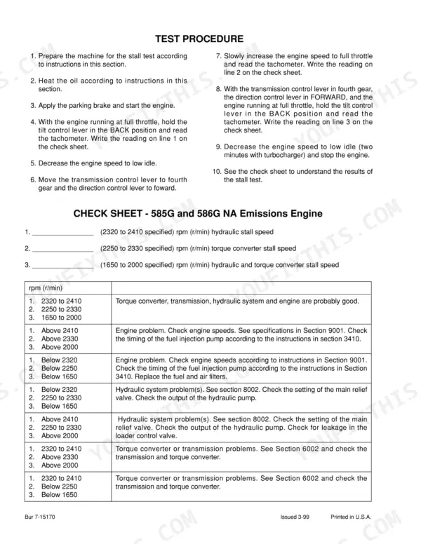 Case 585G, 586G, 588G Forklift stall test procedure, check sheet, and troubleshooting table for NA emissions engine.