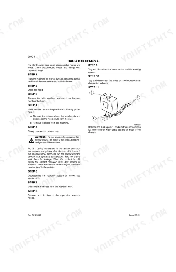 Case 595SLE, 595LSP radiator removal procedure steps and screen wash bottle diagram.