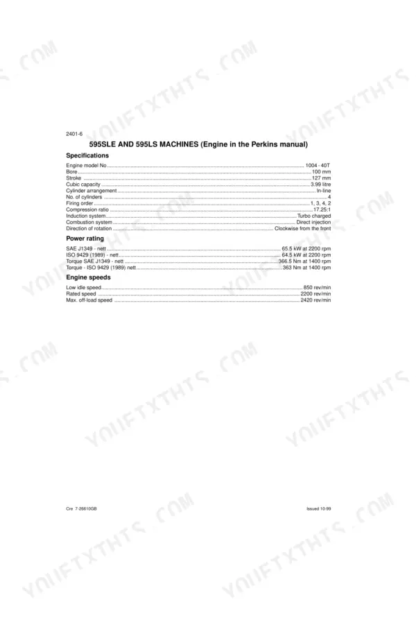 Case 595SLE, 595LSP Perkins engine specifications table including power ratings, torque, and engine speeds.