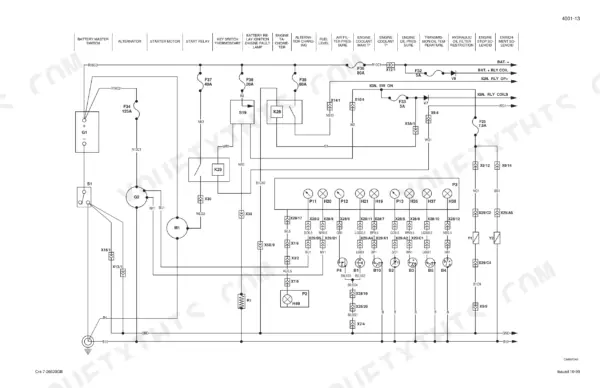 Case 595SLE, 595LSP electrical wiring diagram showing battery, alternator, starter, fuses, relays, and instrument cluster.