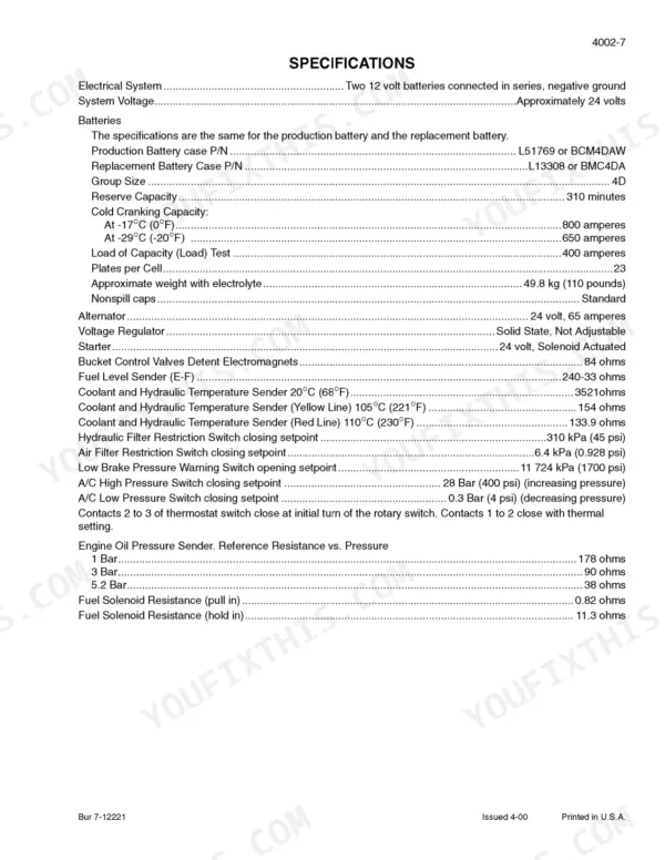 Case 621C, 721C, 621C/721C Loaders electrical system specifications table for batteries, alternators, and sensors.