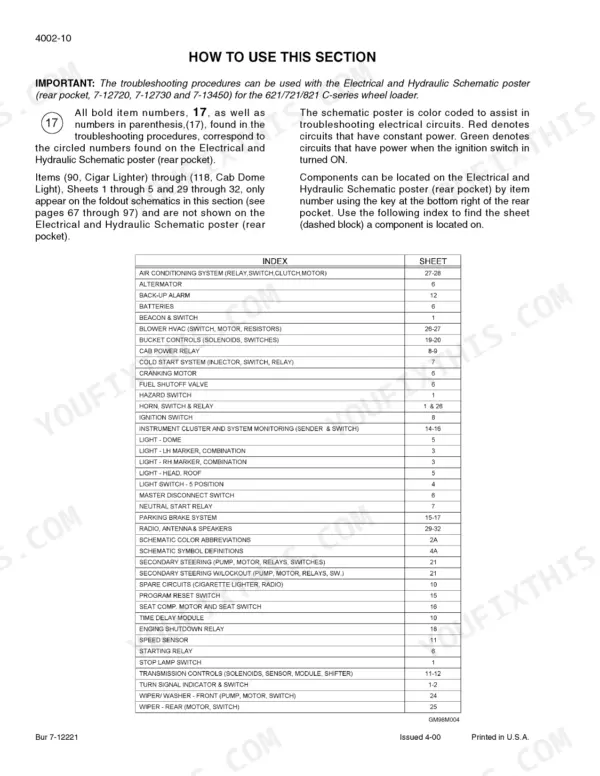 Case 621C, 721C, 621C/721C Loaders electrical schematic index table for troubleshooting and component locations.