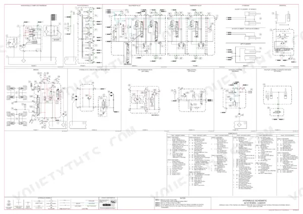 Case 621E, Wheel Loader, 621E Tier 3 hydraulic schematic showing pump, pilot controls, valves, cylinders, and component list.