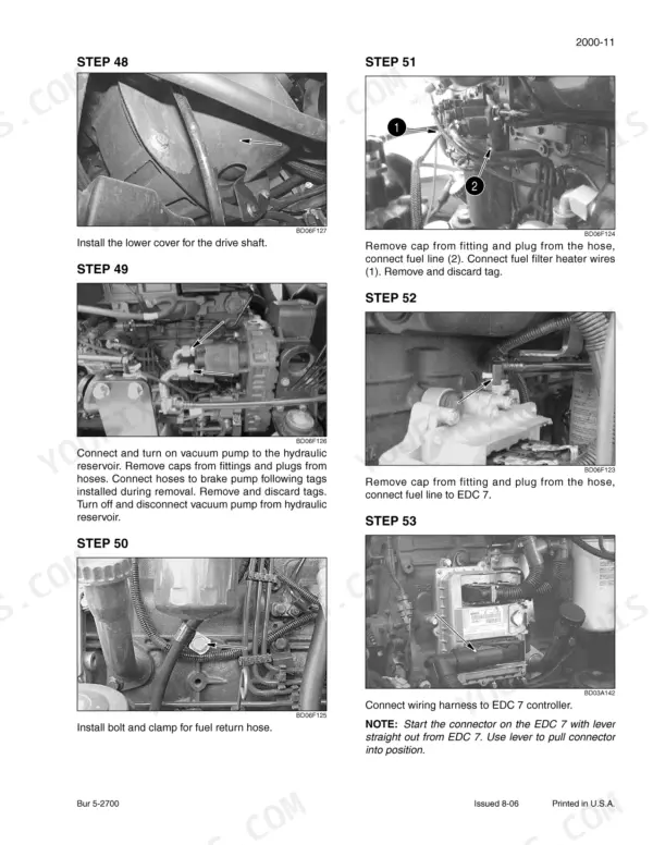 Case 621E, Wheel Loader, 621E Tier 3: Procedures for fuel line, EDC 7 controller, and drive shaft cover installation.
