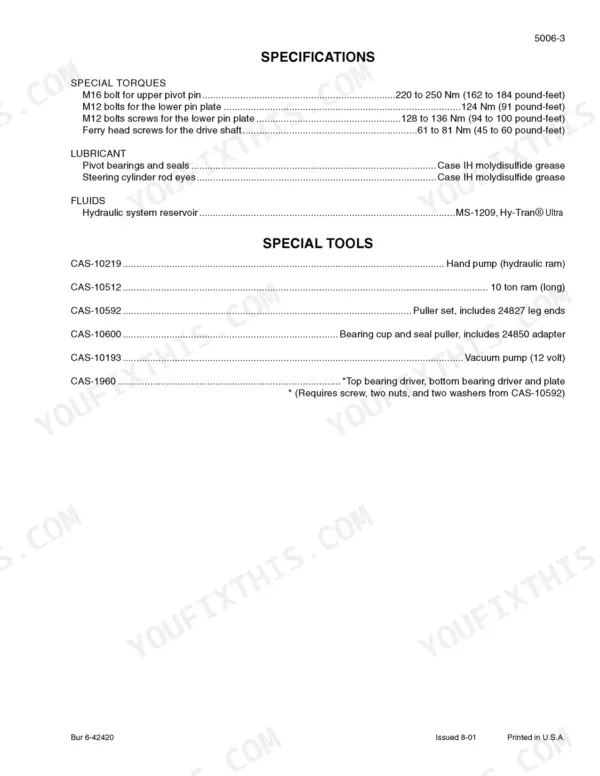 Case 621E, Wheel Loader, 621E Tier 3 torque specifications, lubricant requirements, and special service tools list.