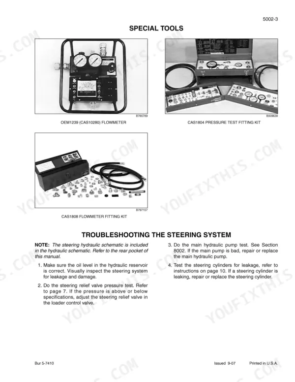 Case 621E, Wheel Loader, 621E Tier 3: Special tools for steering system troubleshooting, including flowmeter and fitting kits.