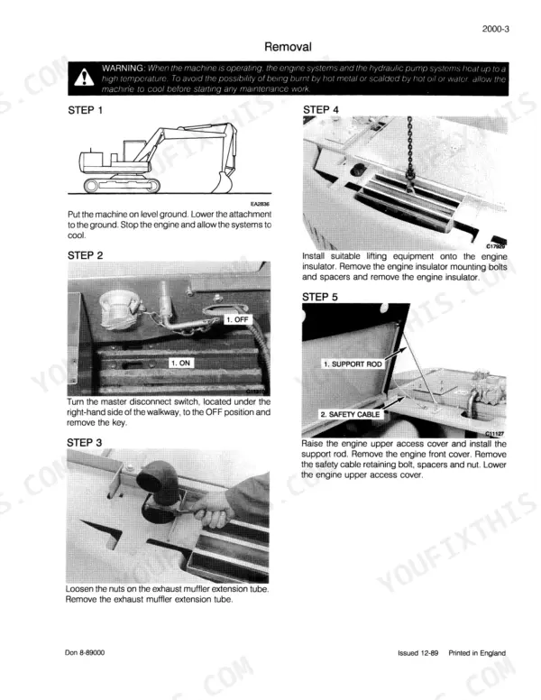 Case 688 service manual page showing removal procedures for engine insulator, muffler extension, and access cover.