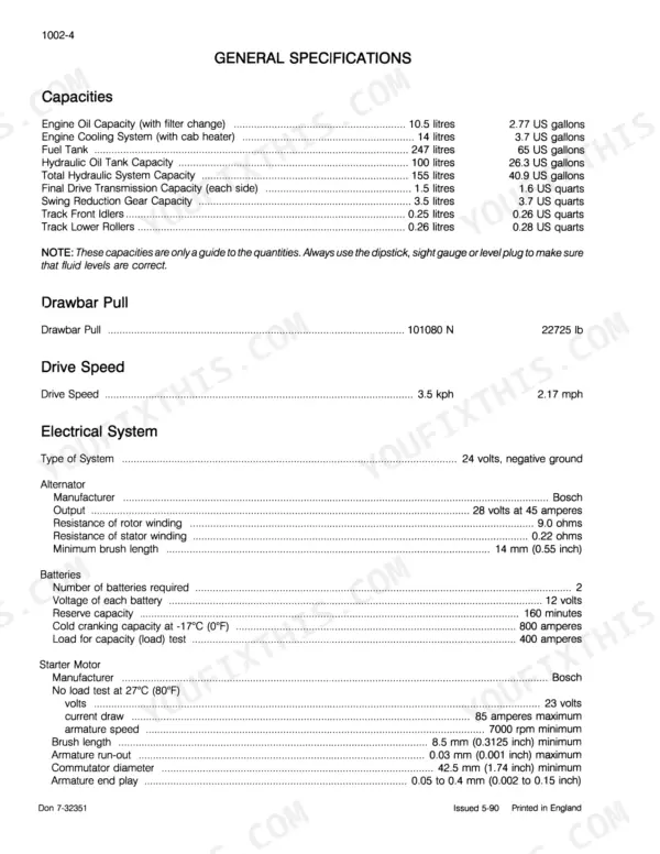 Case 688 general specifications table for fluid capacities, drawbar pull, drive speed, and electrical system components.