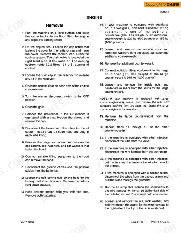 Case 821C Loader engine removal procedure steps for cooling system, counterweights, batteries, and electrical components.