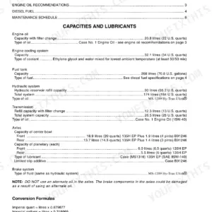 Case 821C Loader service manual page listing fluid capacities and lubricant specifications for engine, hydraulics, and axles.