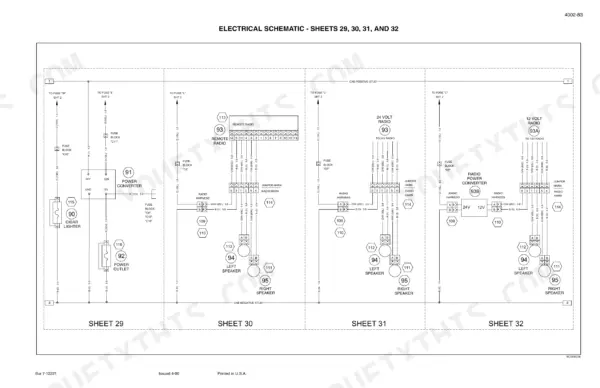 Case 821C Loader electrical schematic showing radio, power converter, cigar lighter, and speaker wiring connections.
